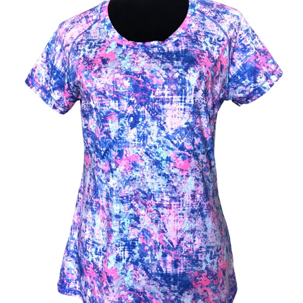 RBX Performance Short-Sleeved Athletic Top, Summery Blue Pink Print, Size M - Picture 8 of 10